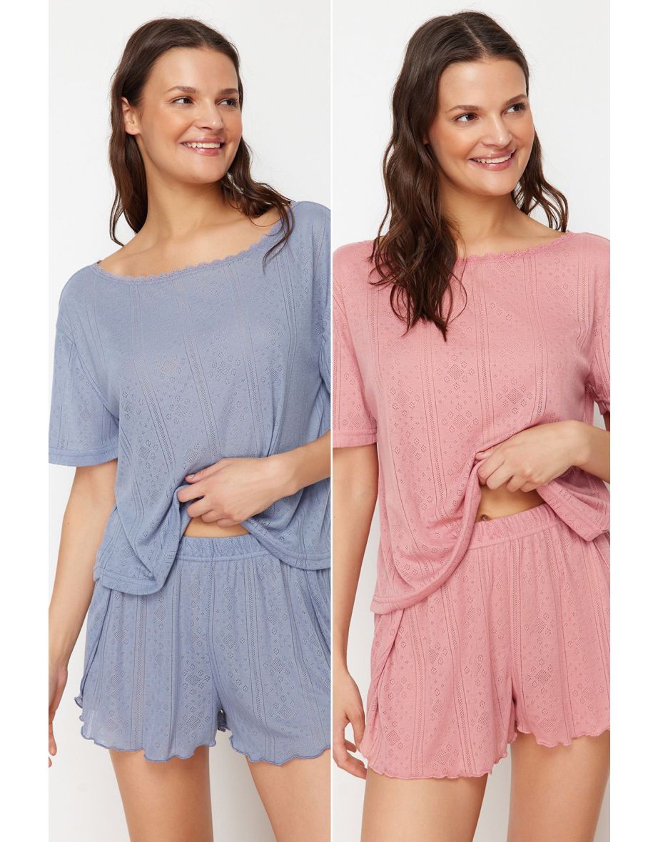 Multi-Colored 2-Pack Pointel Openwork/Hole Knitted Pajamas Top