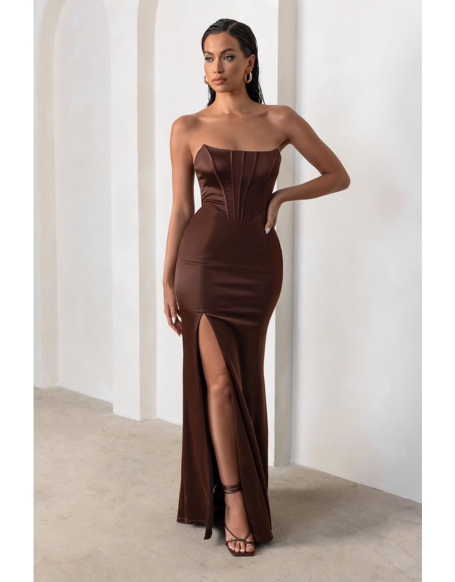 Sensual Notes | Chocolate Brown Satin Strapless Corset Thigh Split Maxi Dress