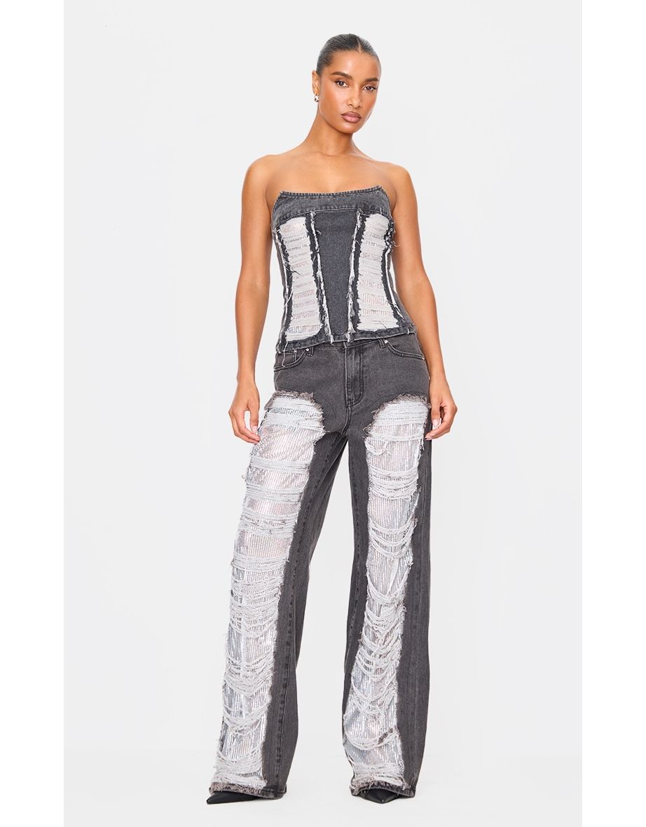 Washed Black Extreme Distressed Sequin Panel Straight Leg Jeans