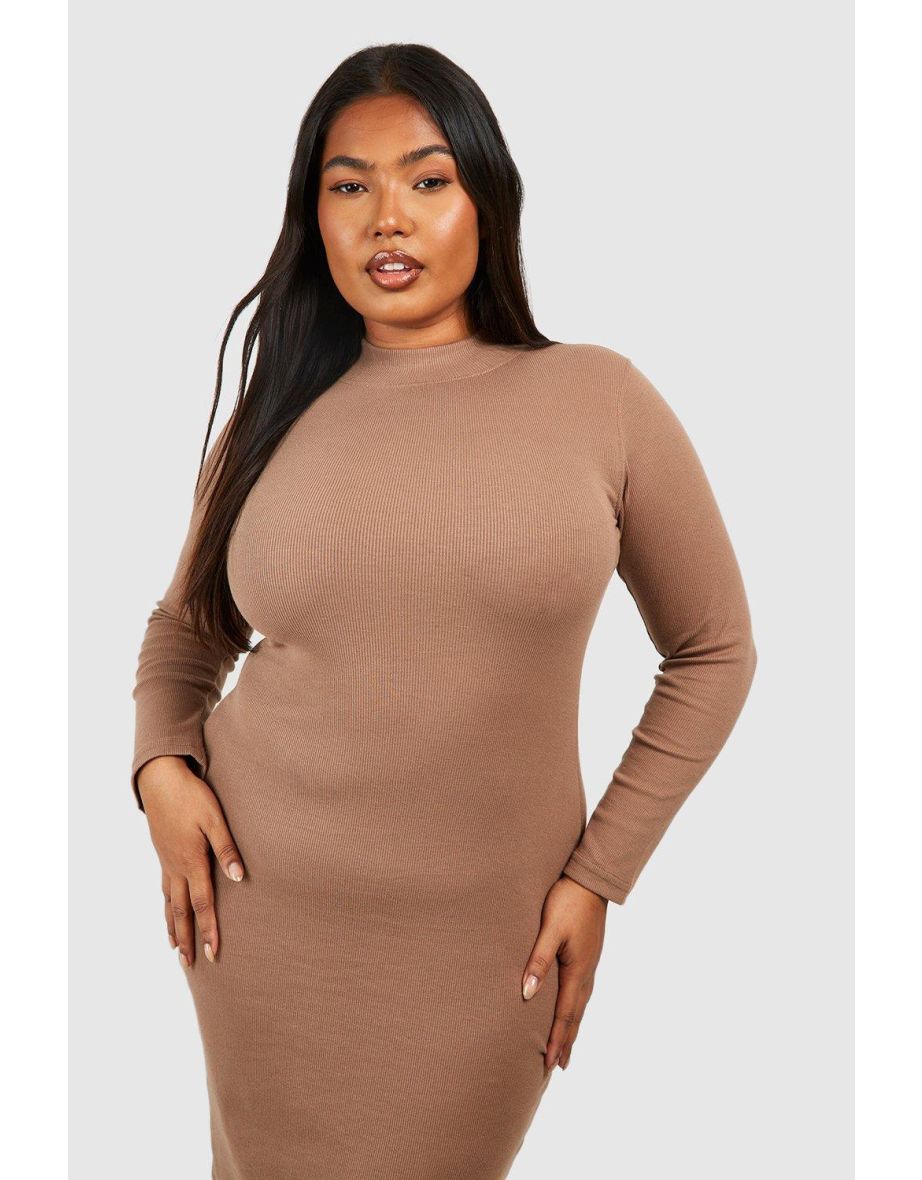 Plus Funnel Neck Rib Long Sleeve Midi Dress - camel - 3