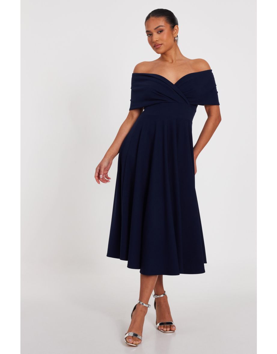 Petite Navy Bardot Midi Dress