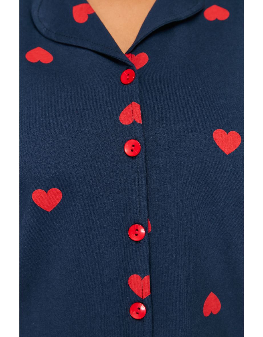 Navy Blue Heart Pattern Knitted Pajamas Set - 7