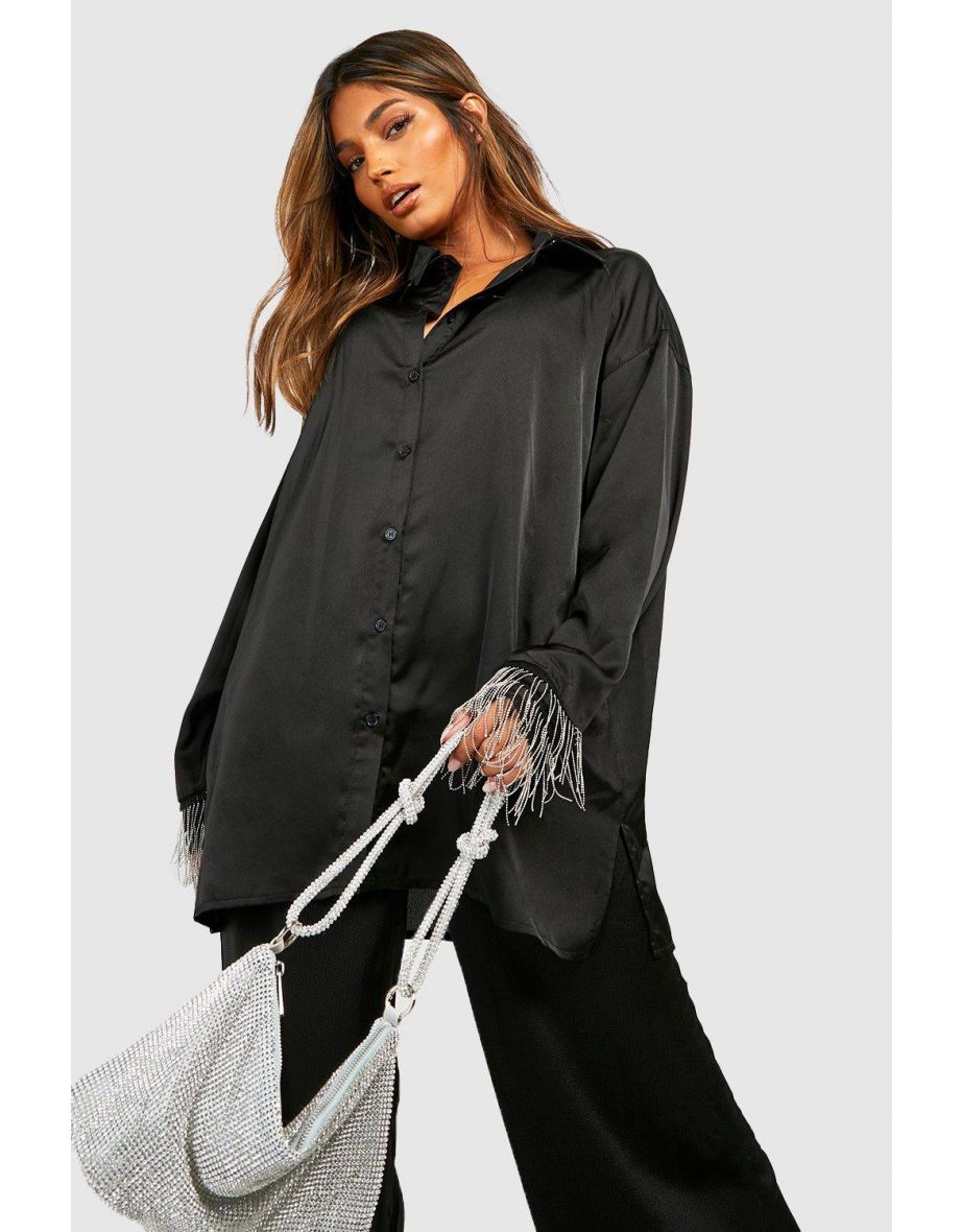 Embellished Cuff Oversized Satin Shirt - black - 3