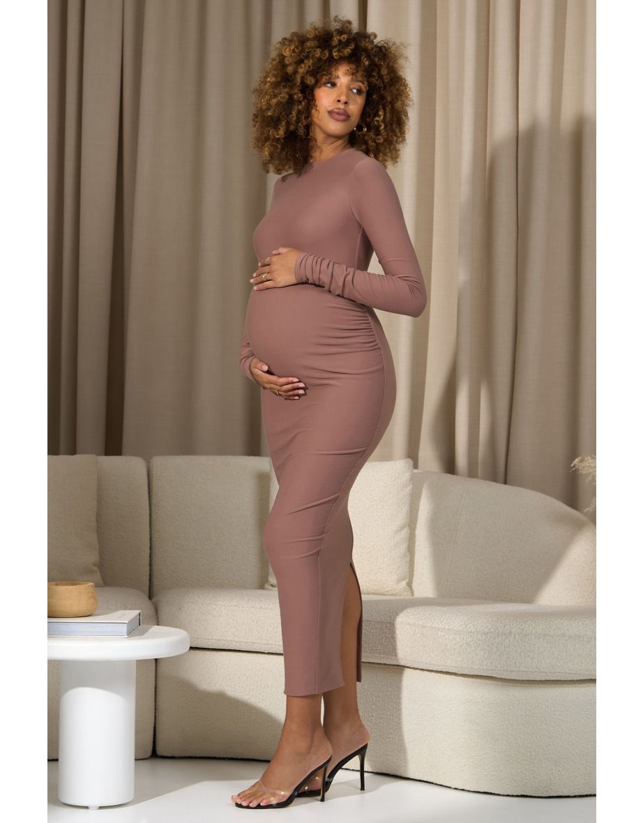Dove | Warm Taupe Bodycon Long-Sleeve Maternity Maxi Dress - 4