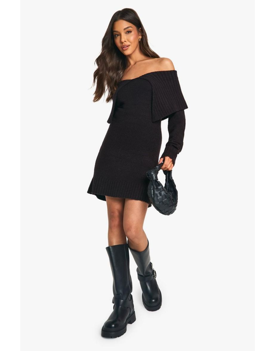 Soft Knit Oversized Collar Off The Shoulder Jumper Dress - black