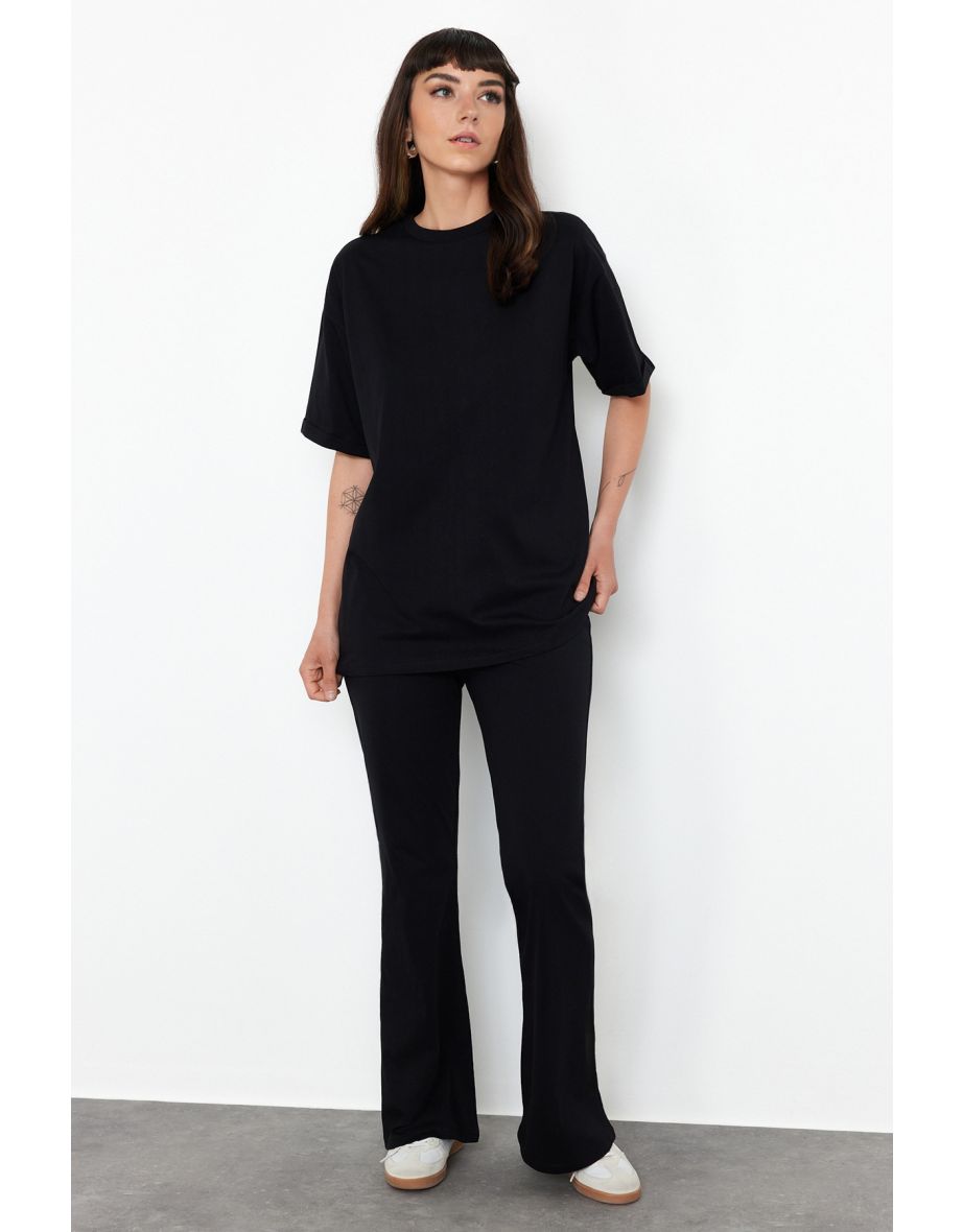 Black 100% Cotton Oversize Pattern Spanish Leg Knitted Bottom-Top Set