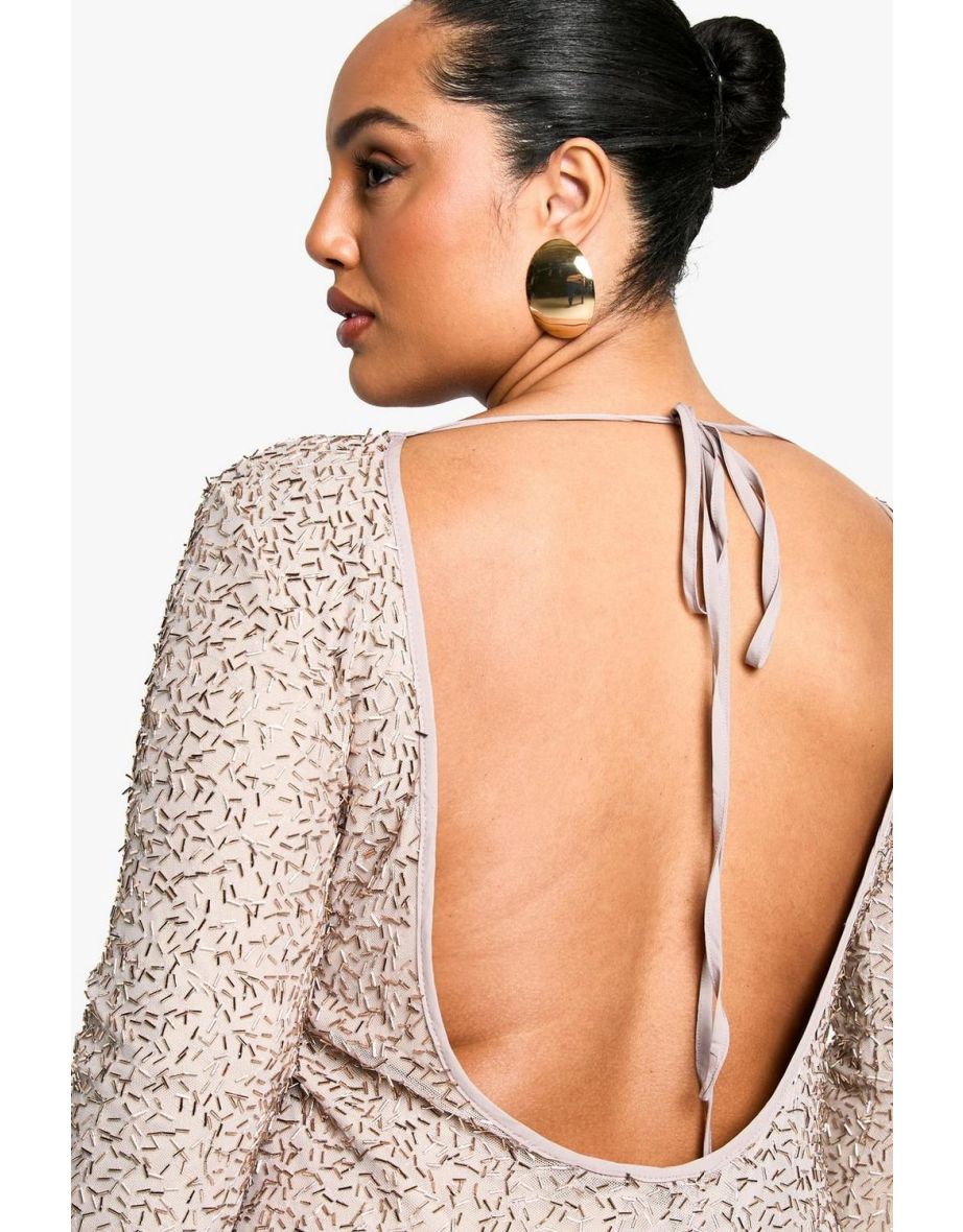 Plus Open Back Hand Embellished Floor Length Dress - mocha - 3