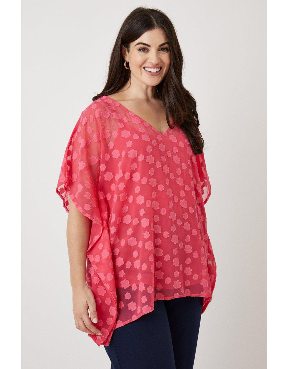 Curve Coral Floral Textured Oversized Woven Top