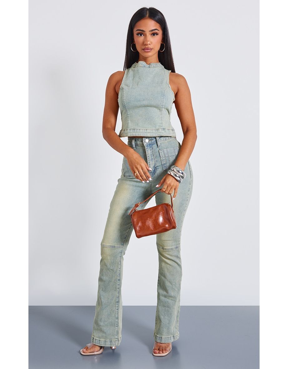 Petite Vintage Wash Denim Fitted Flared Jeans