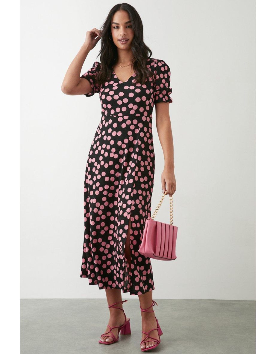 Pink Spot Short Sleeve V Neck Midi Dress