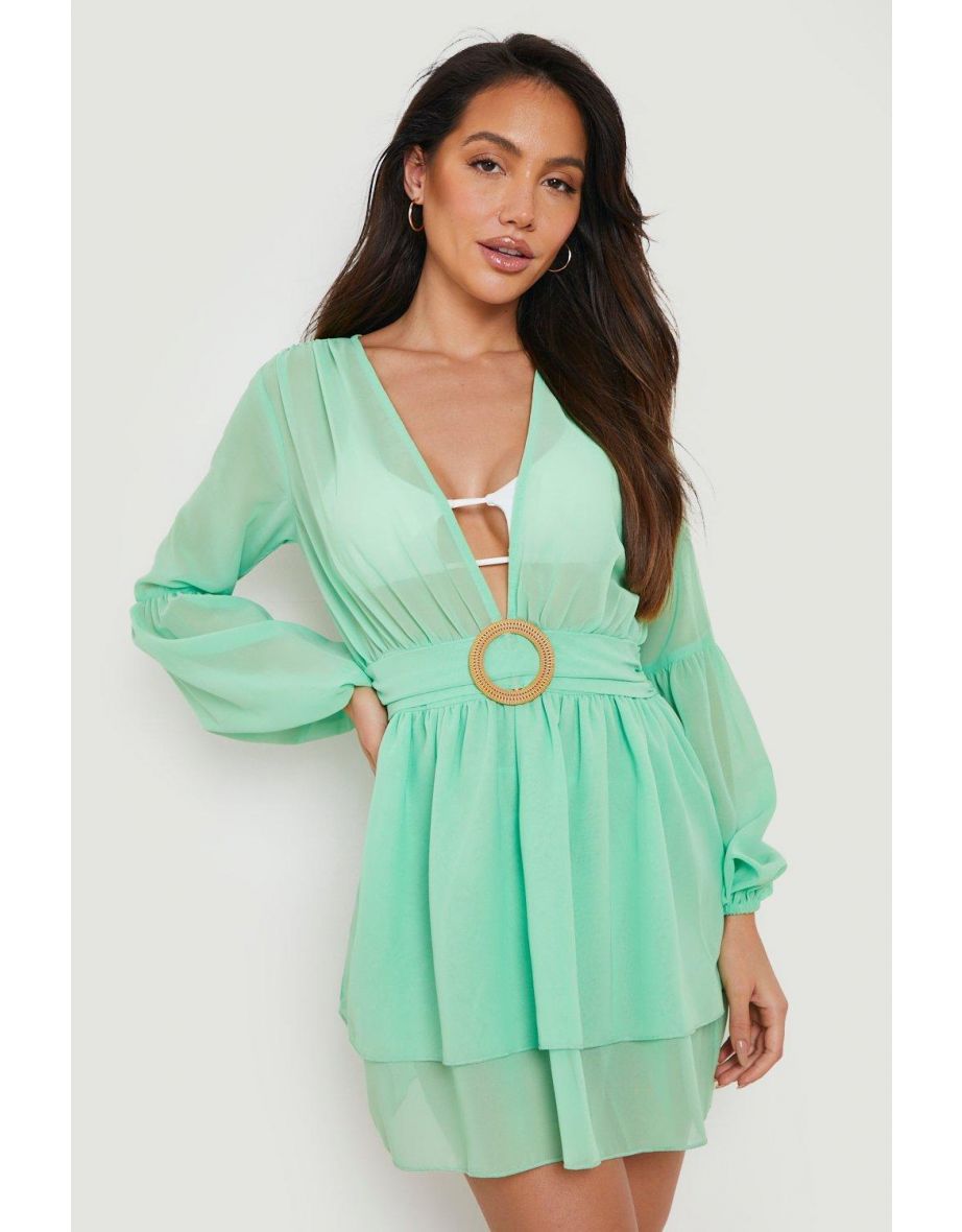 Ring Belt Plunge Beach Dress - bright green - 3