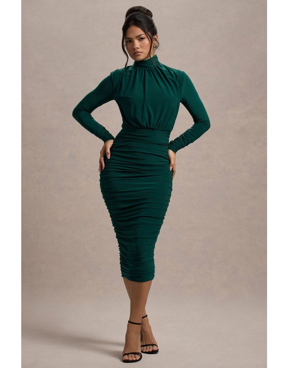 Dasha | Bottle Green Ruched High-Neck Long-Sleeve Midi Dress