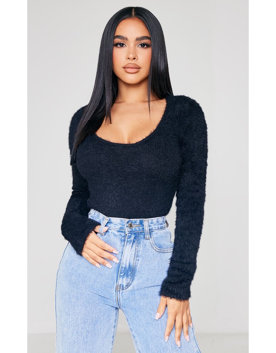 Petite Black Fluffy Round Neck Scoop Long Sleeve Bodysuit