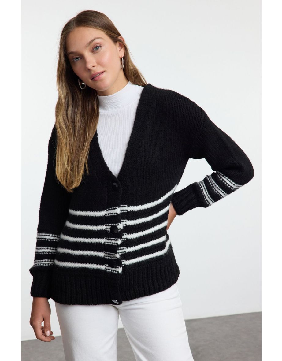 Black Soft Texture Striped Knitwear Cardigan