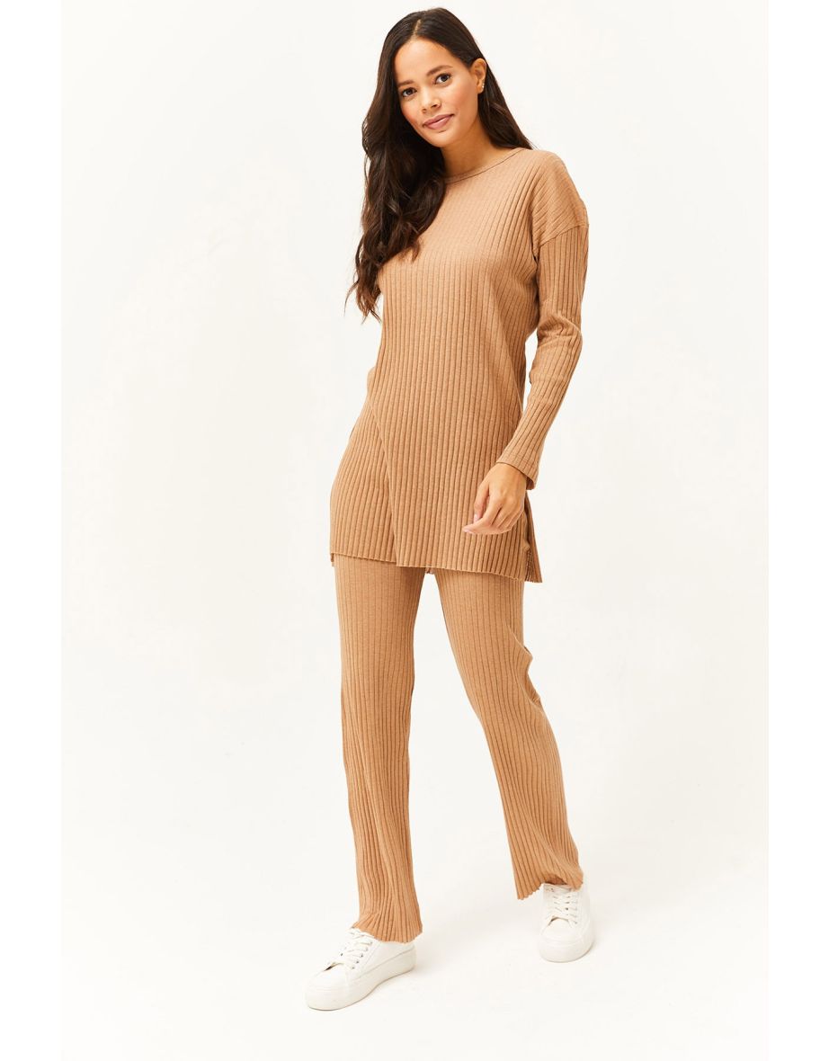 Women's Camel Top Slit Blouse Bottom Palazzo Ribbed Suit