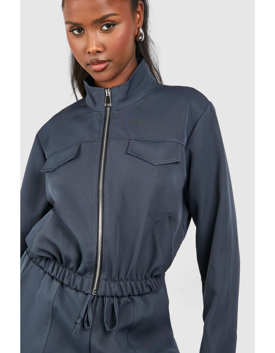 Woven Pocket Detail Relaxed Fit Bomber Jacket - charcoal - 3