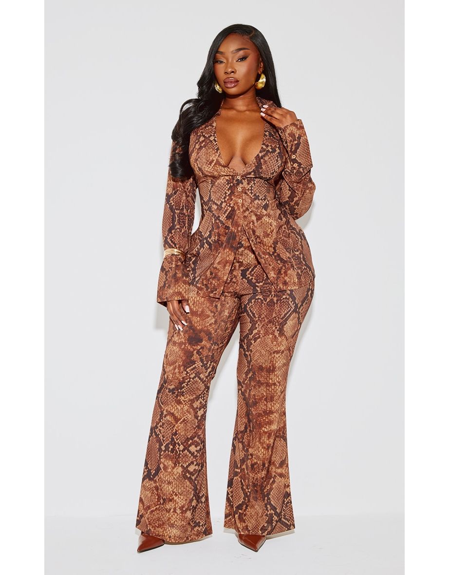 Plus Deep Brown Snake Print Chiffon Fitted Shirt