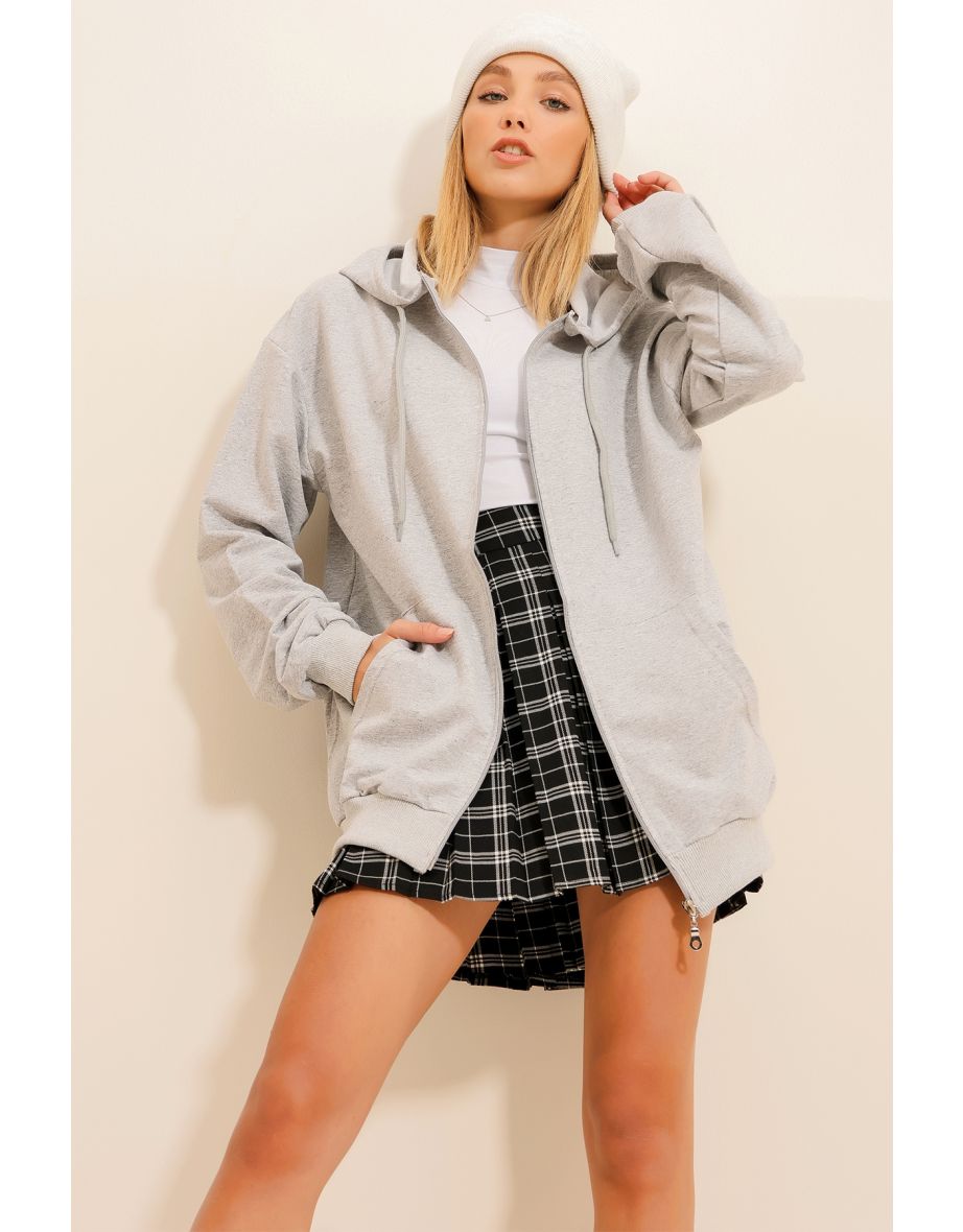 Women's Gray Hooded Seasonal Hoodie with Two Pockets and Zipper - 5