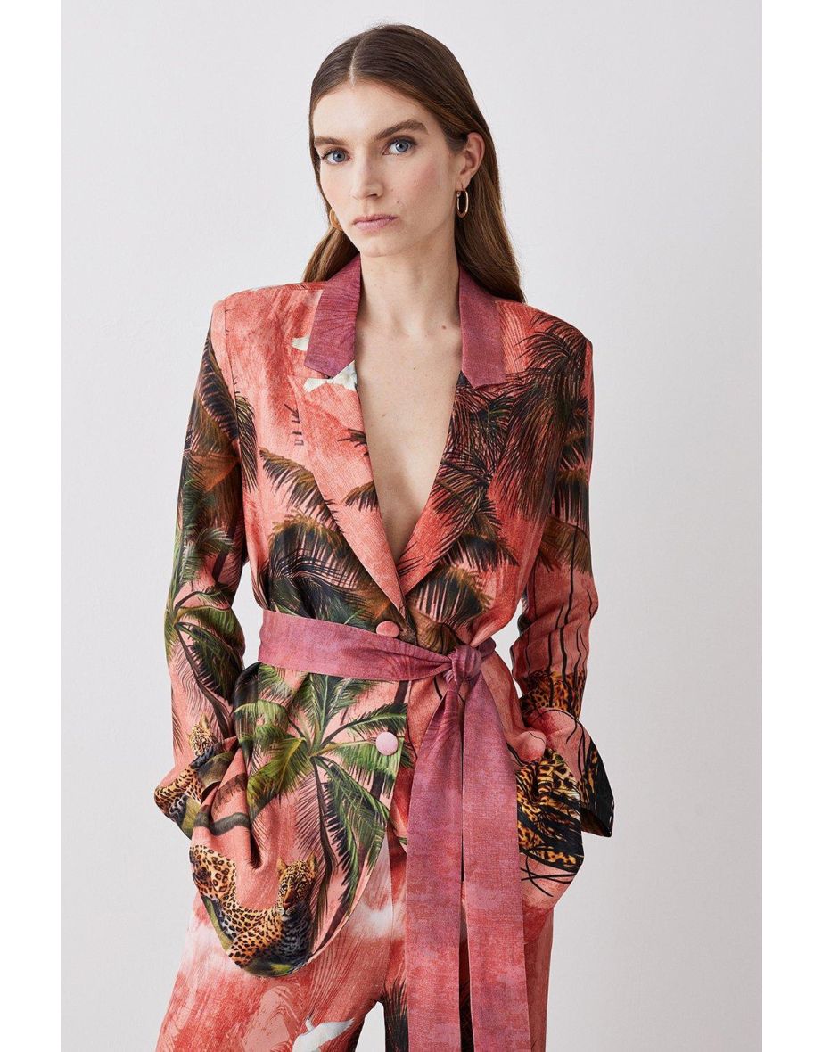 Petite Satin Palm Print Belted Woven Jacket