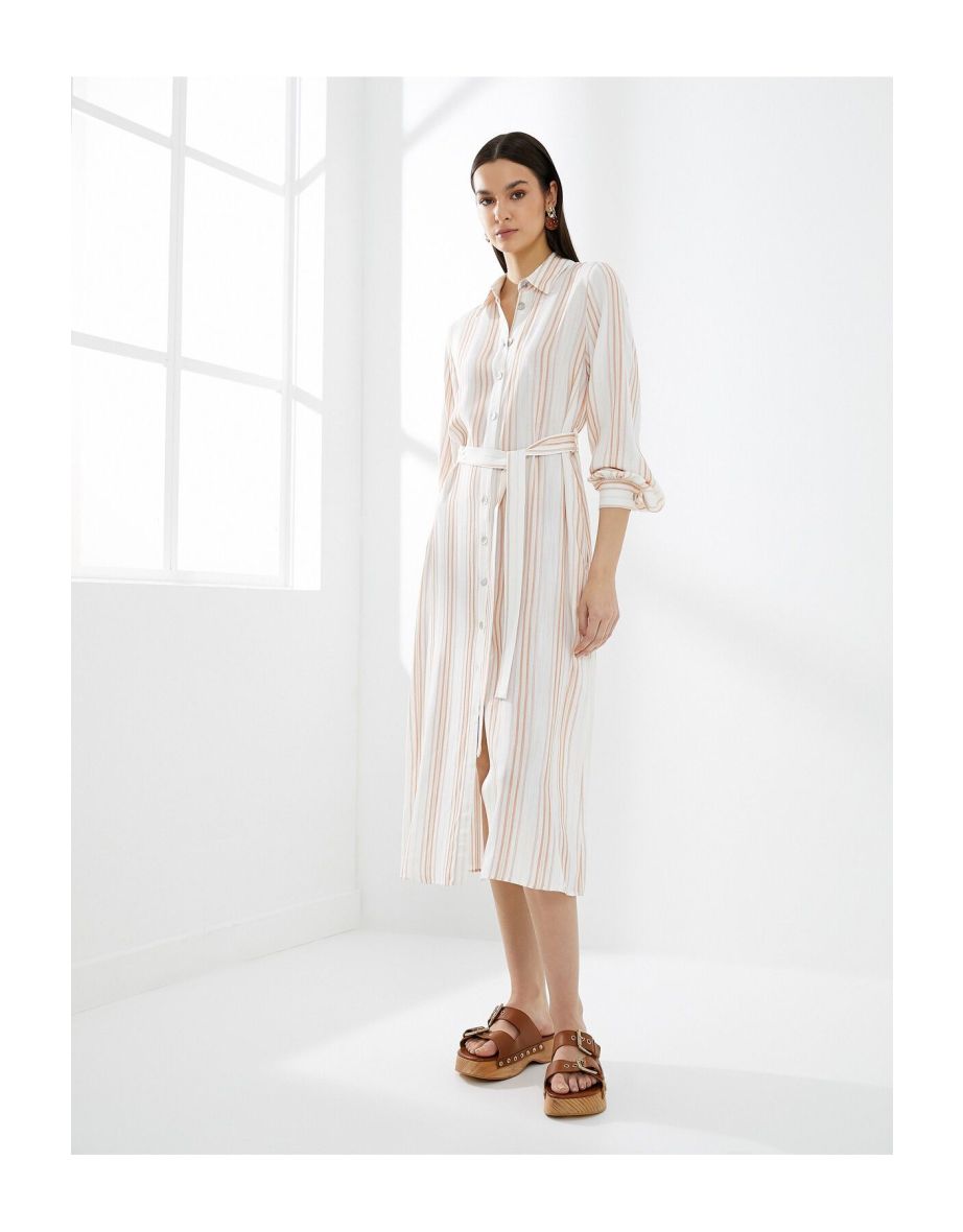 Long Sleeve Belted Viscose Midaxi Shirt Dress