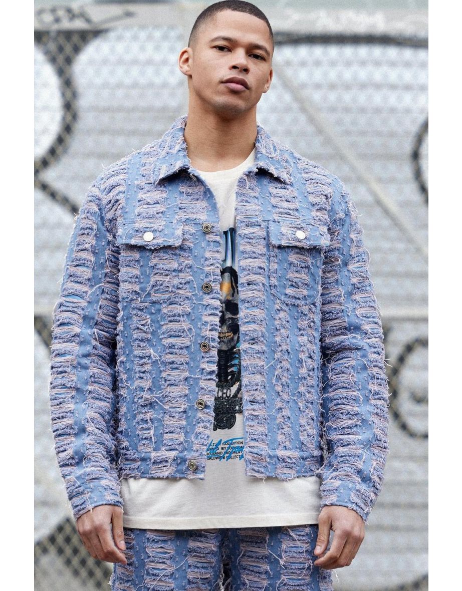 Shop All Over Distressed Denim Jacket light blue Online in Bahrain VogaCloset