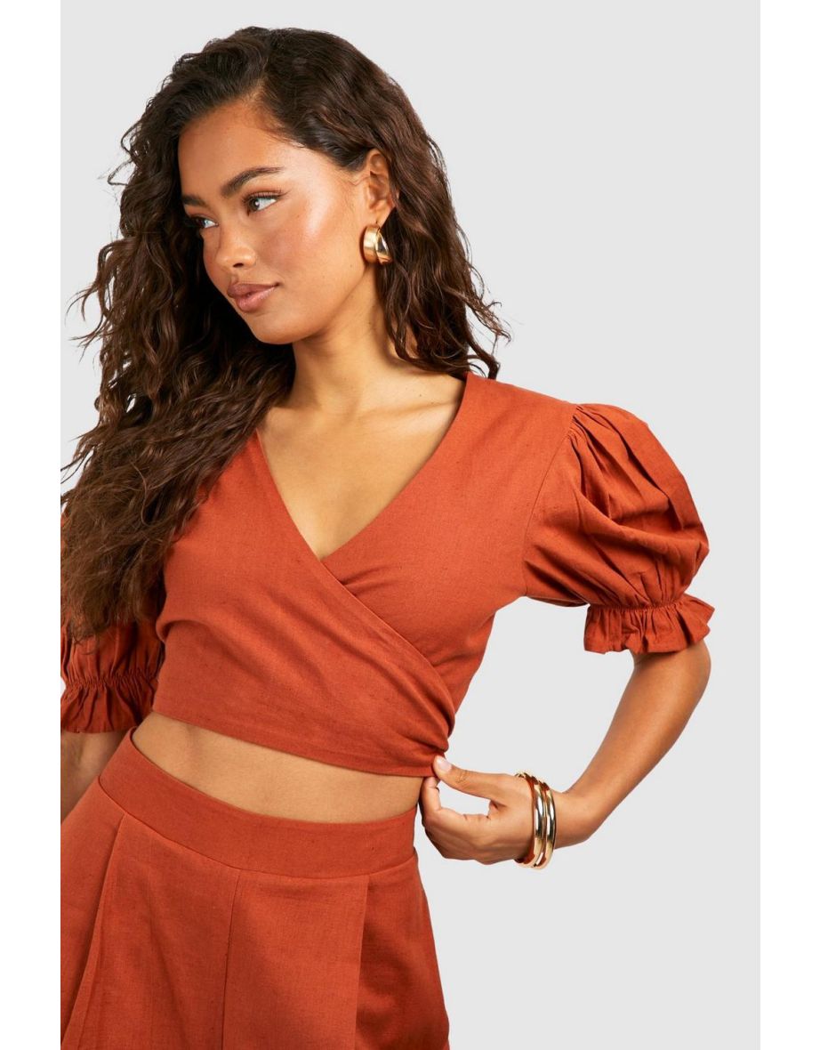 Linen Wrap Crop Top - terracotta - 3