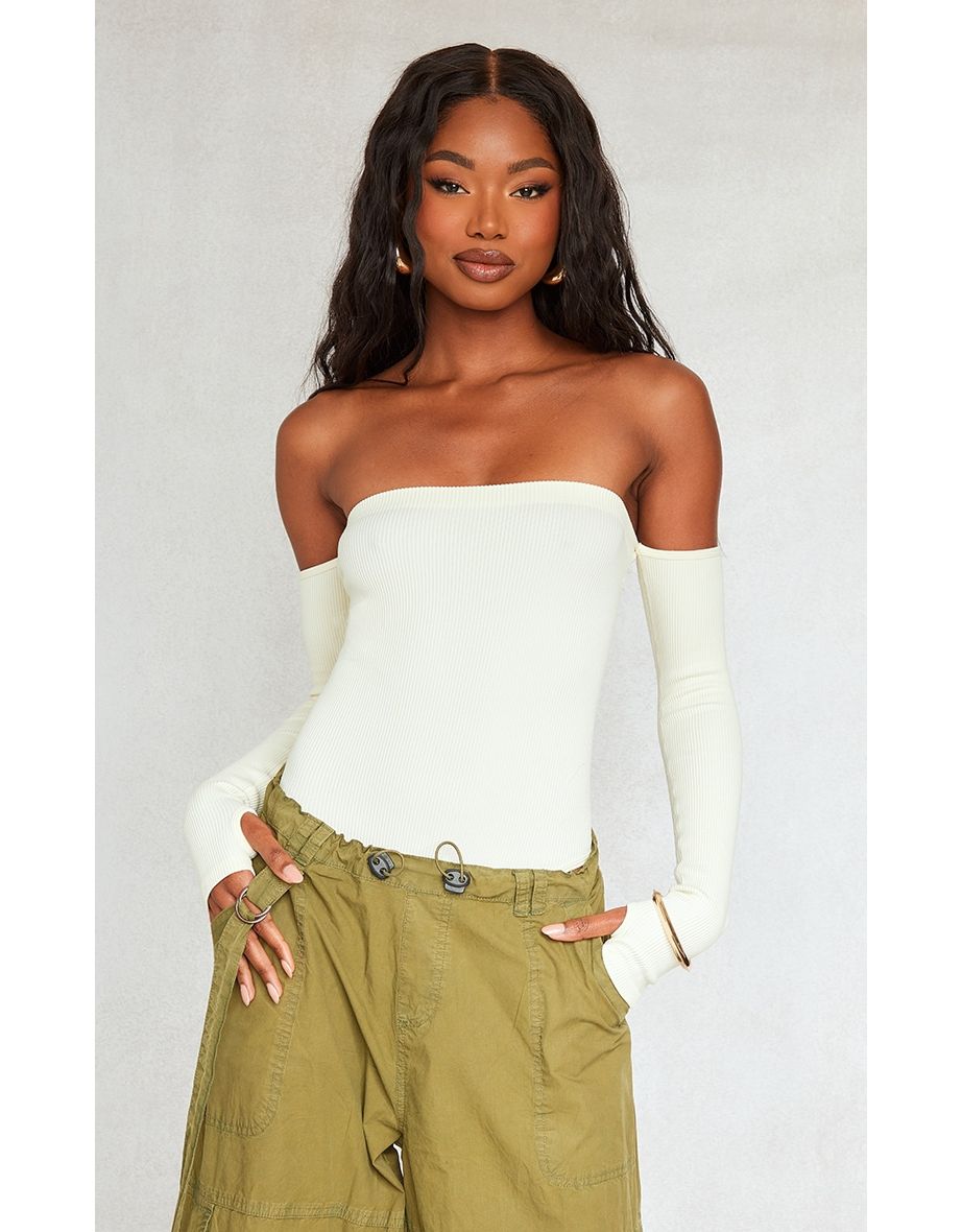 Cream Contour Rib Bardot Thumbhole Bodysuit