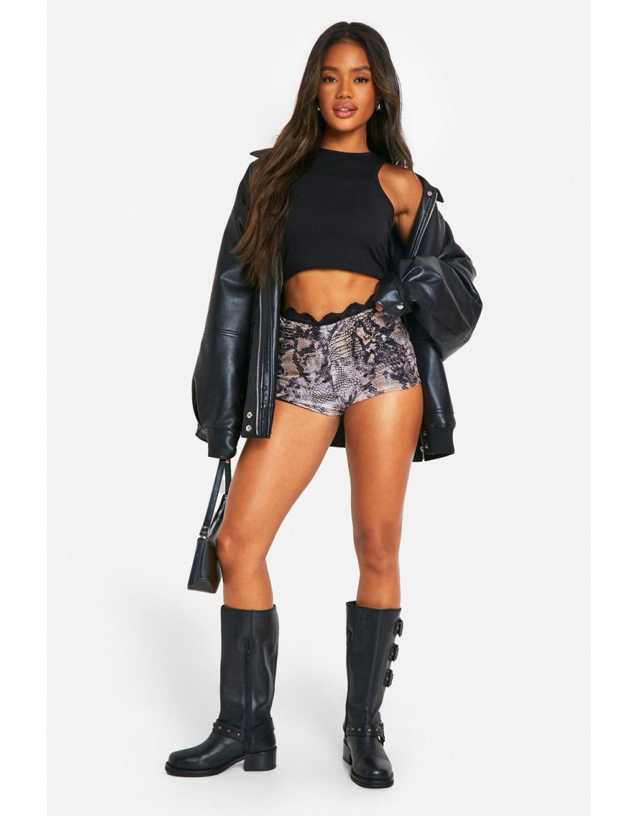 Snake Print Mesh Ruched Lace Trim Booty Short - snake