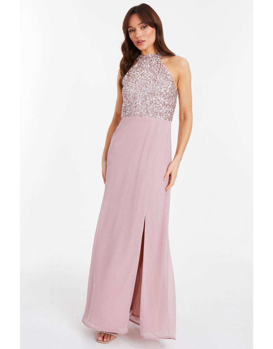 Shop Pink Embellished Chiffon Maxi Dress Online in Qatar VogaCloset