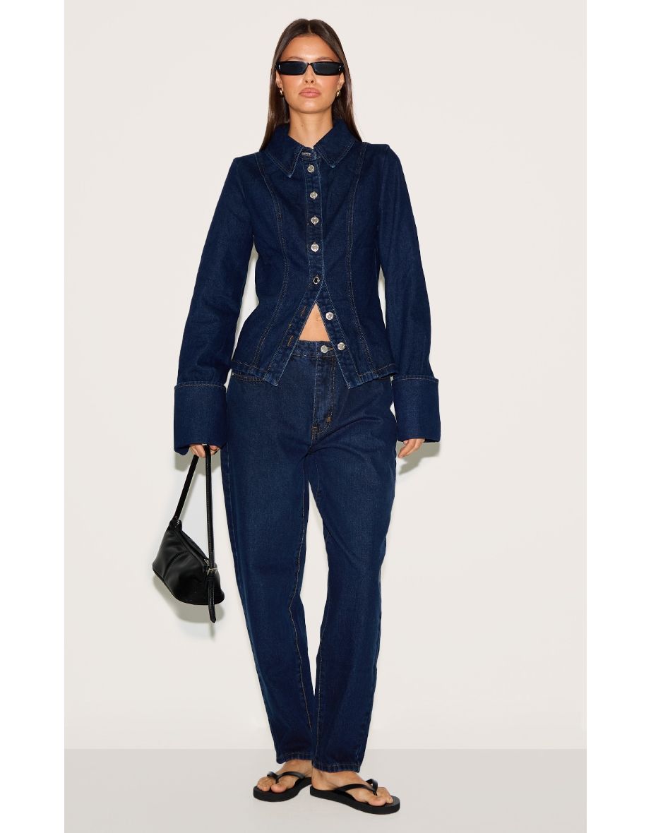 Indigo Long Sleeve Cinch Waist Denim Shirt