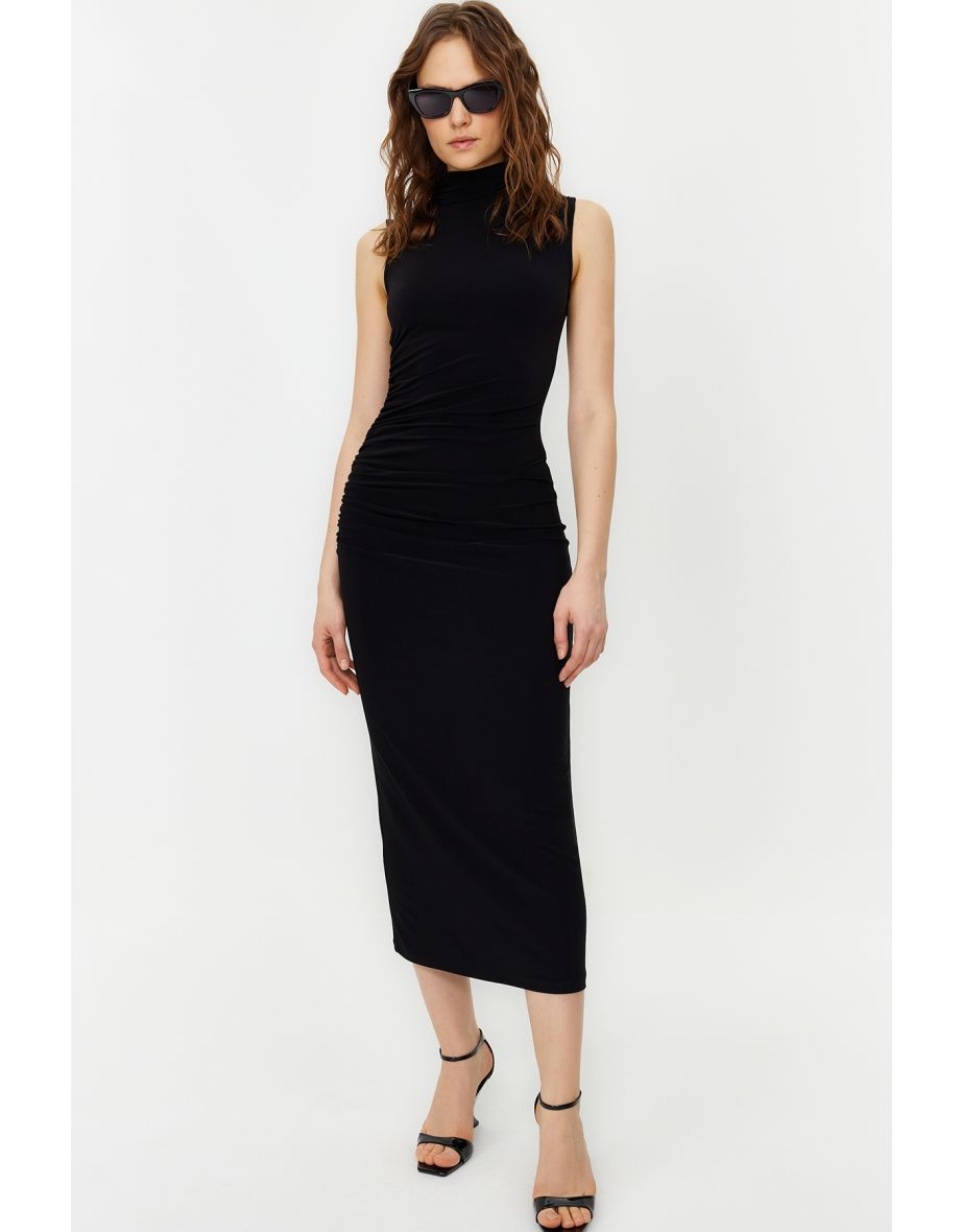 Black Zero Sleeve Draped Fitted Maxi Stretchy Knitted Dress