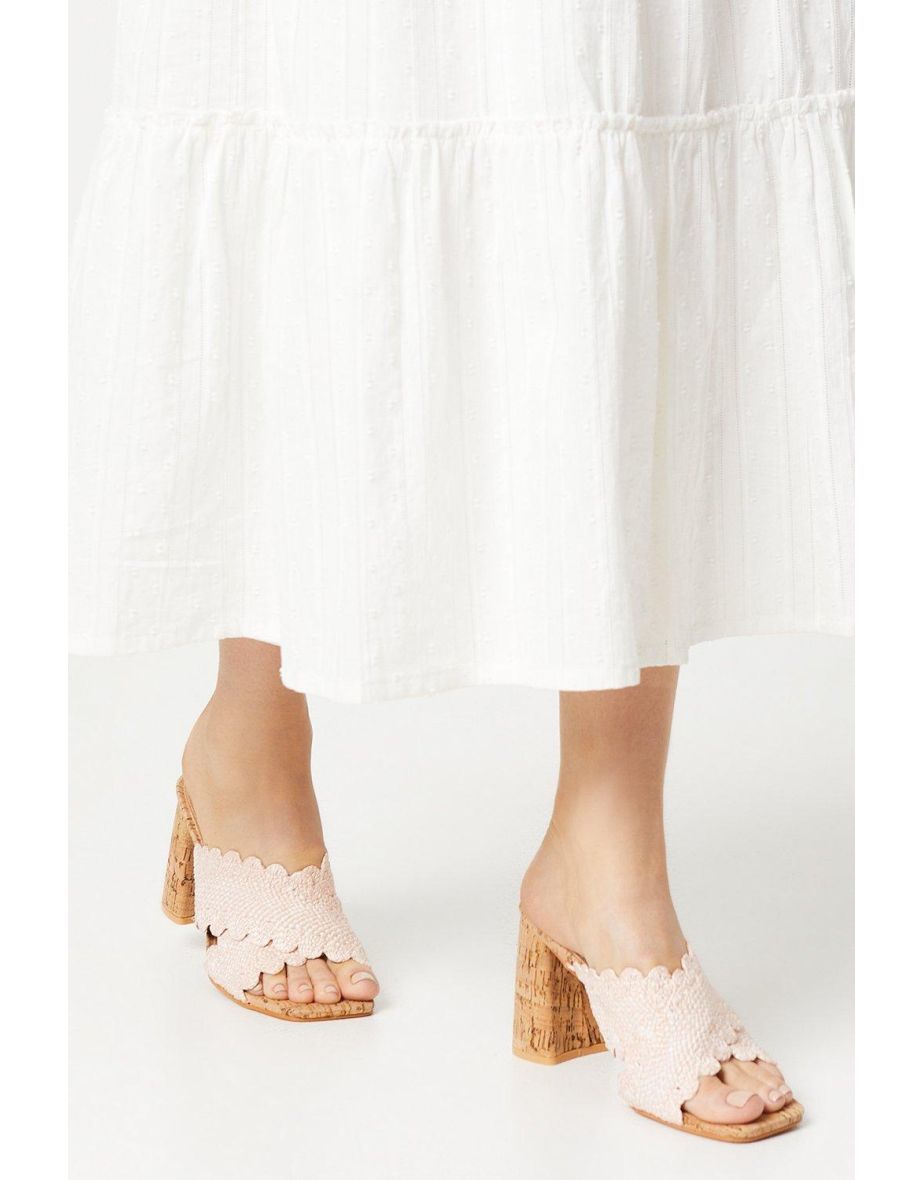 Grace Scalloped Cross Strap Cork Covered Block Heeled Mule Sandals