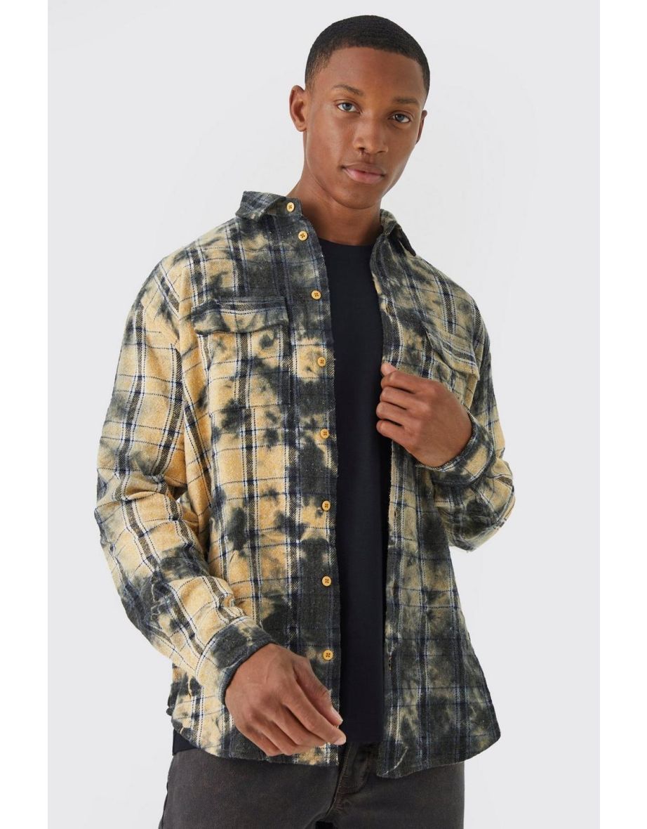 Oversized All Over Bleach Check Shirt - mustard