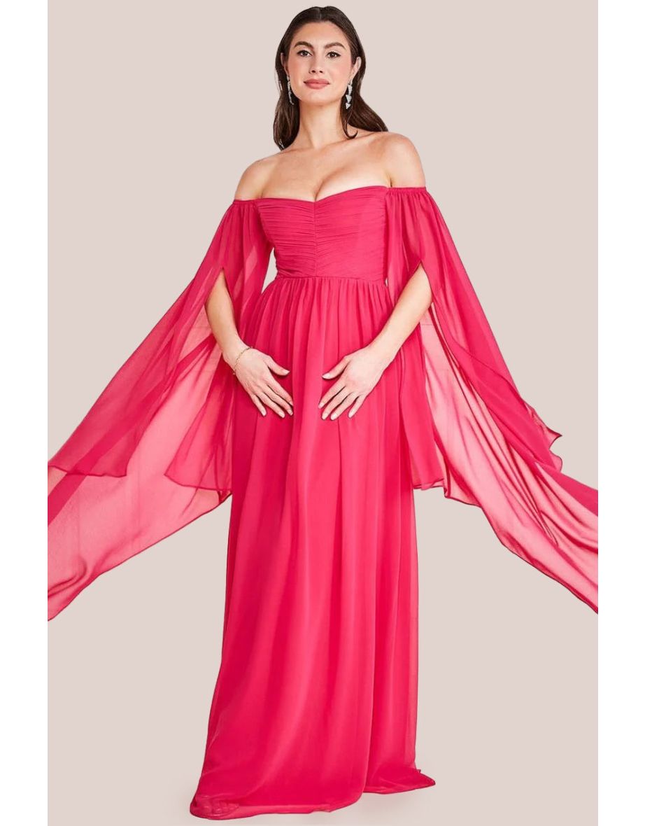 Goddiva Chiffon Off The Shoulder Maxi With Wings - Hot Pink