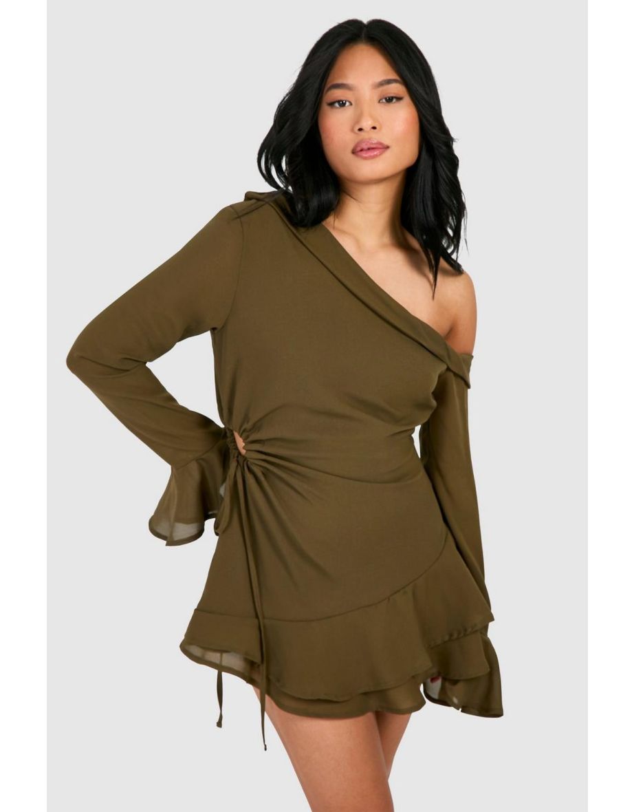 Petite Bardot Chiffon Long Sleeve Mini Dress - olive