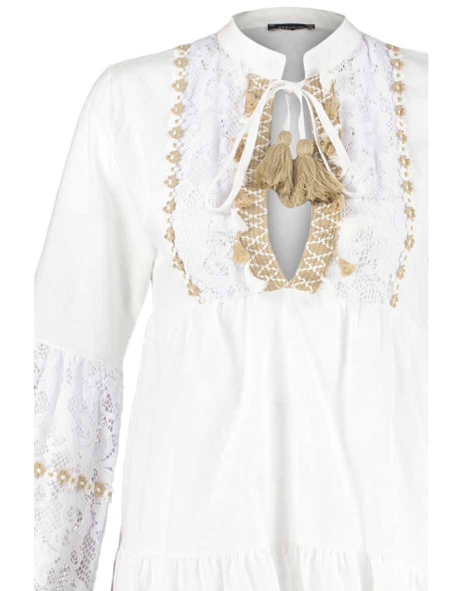 White Floral A-Line Mini Smock Dress with Long Sleeve - 7