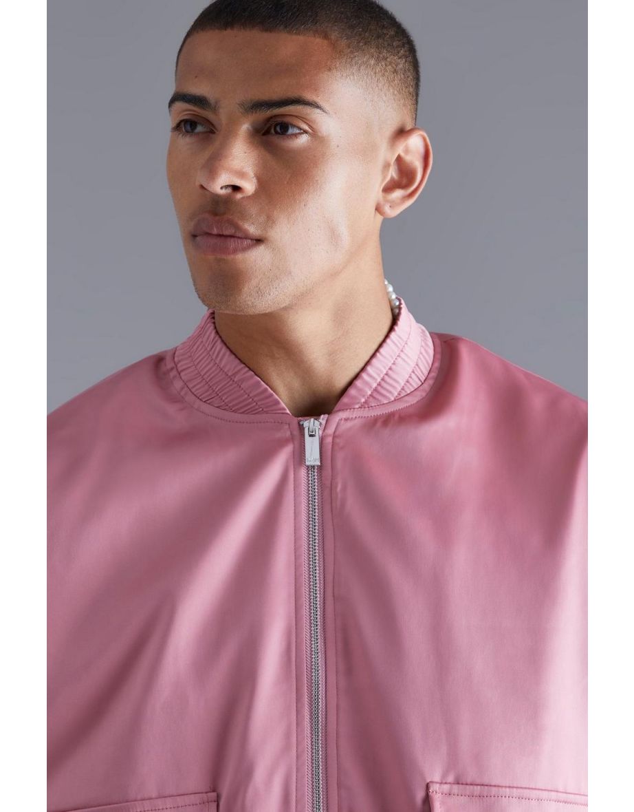 Boxy Satin Bomber With Utility Pocket - pink - 2