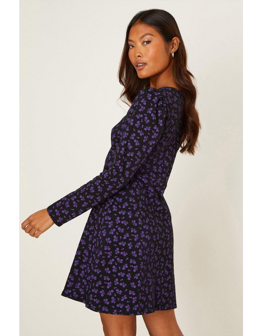 Petite Long Sleeve Purple Ditsy Mini Dress - 2