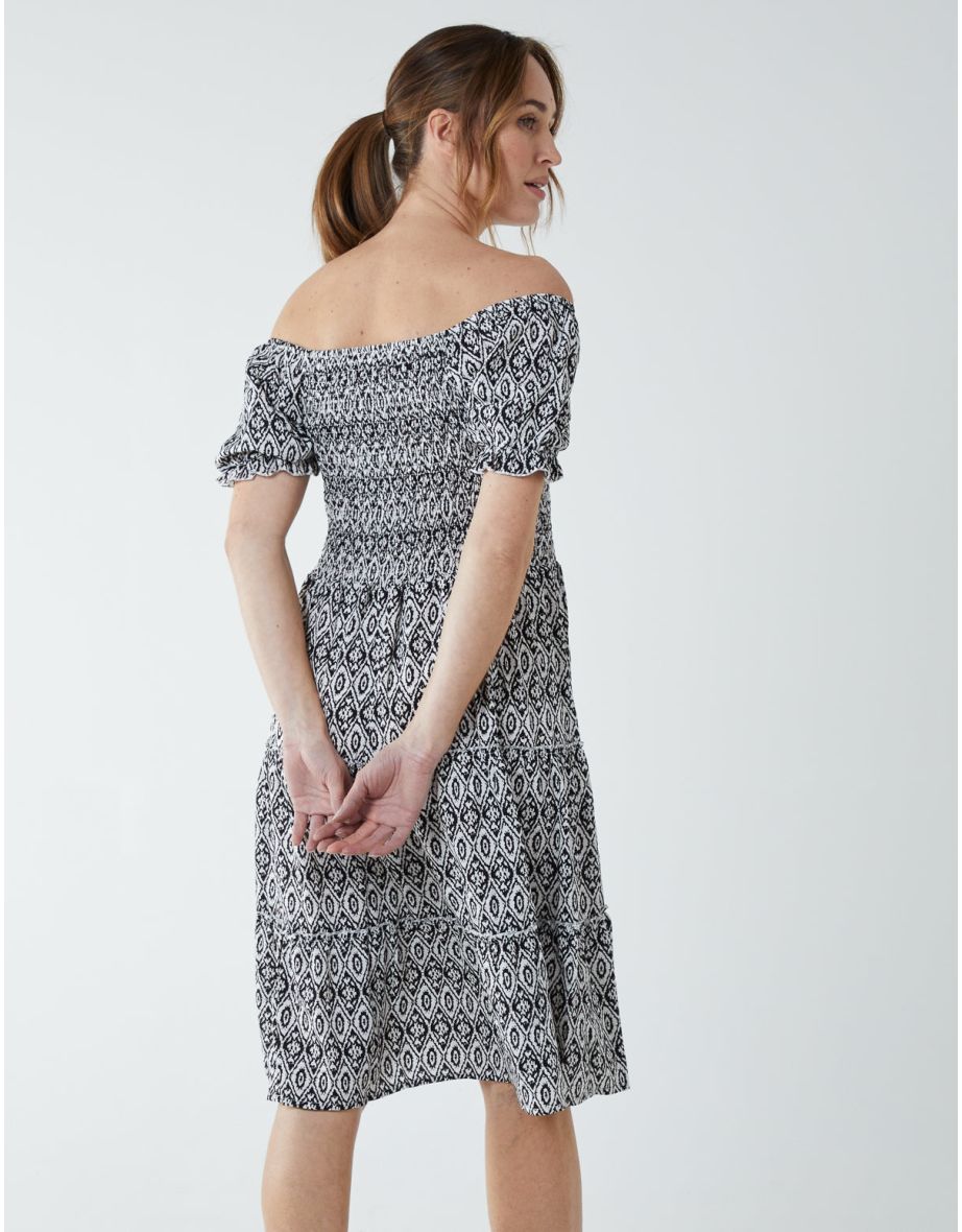 Puff Sleeve Bardot Shirred Dress - 3