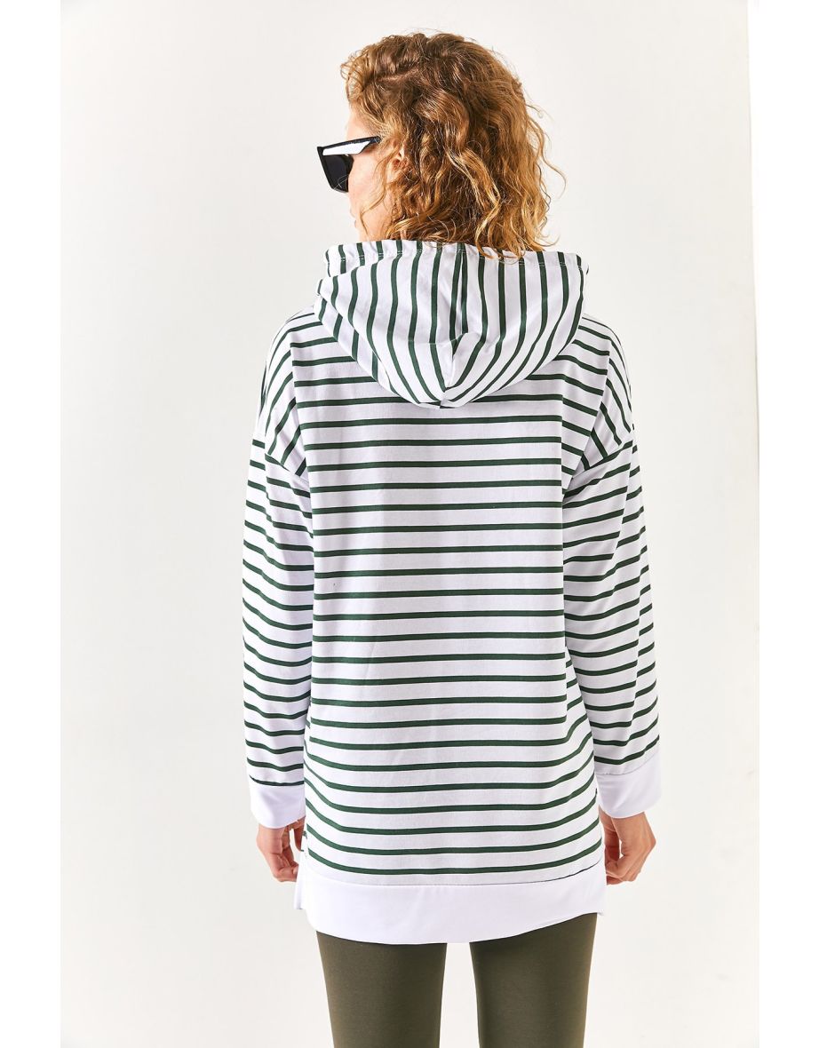 Women's Khaki White Hooded Striped Sweatshirt with Side Slits - 4