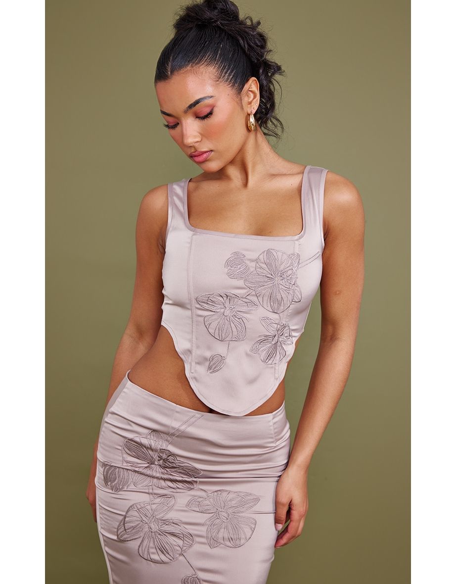 Taupe Satin Floral Embroidered Corset Top