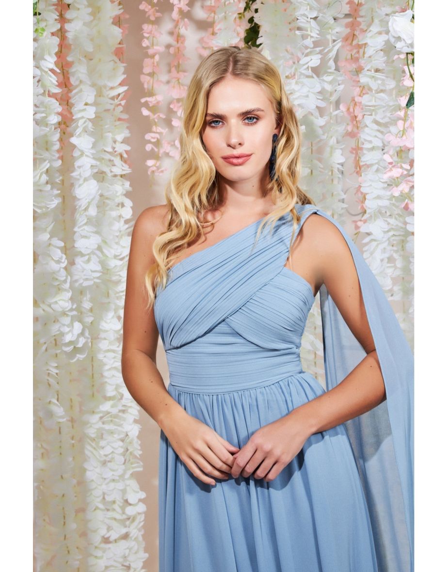 Goddiva One Shoulder Pleated Chiffon Scarf Maxi - Blue - 3