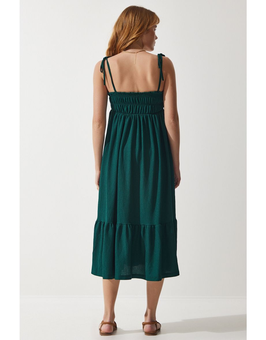 Women's Emerald Green Strappy Crinkle Summer Knitted Dress - 4