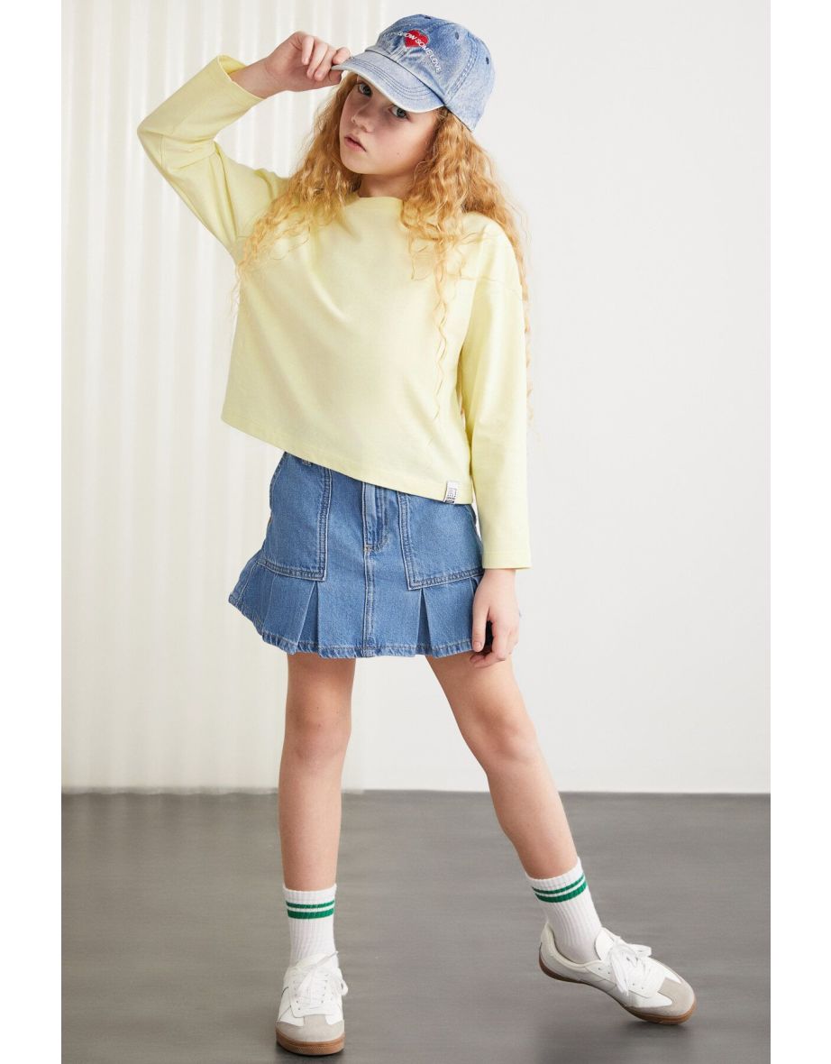 Nicola Girls 100% Cotton Long Sleeve Crew Neck Crop Yellow T-shirt