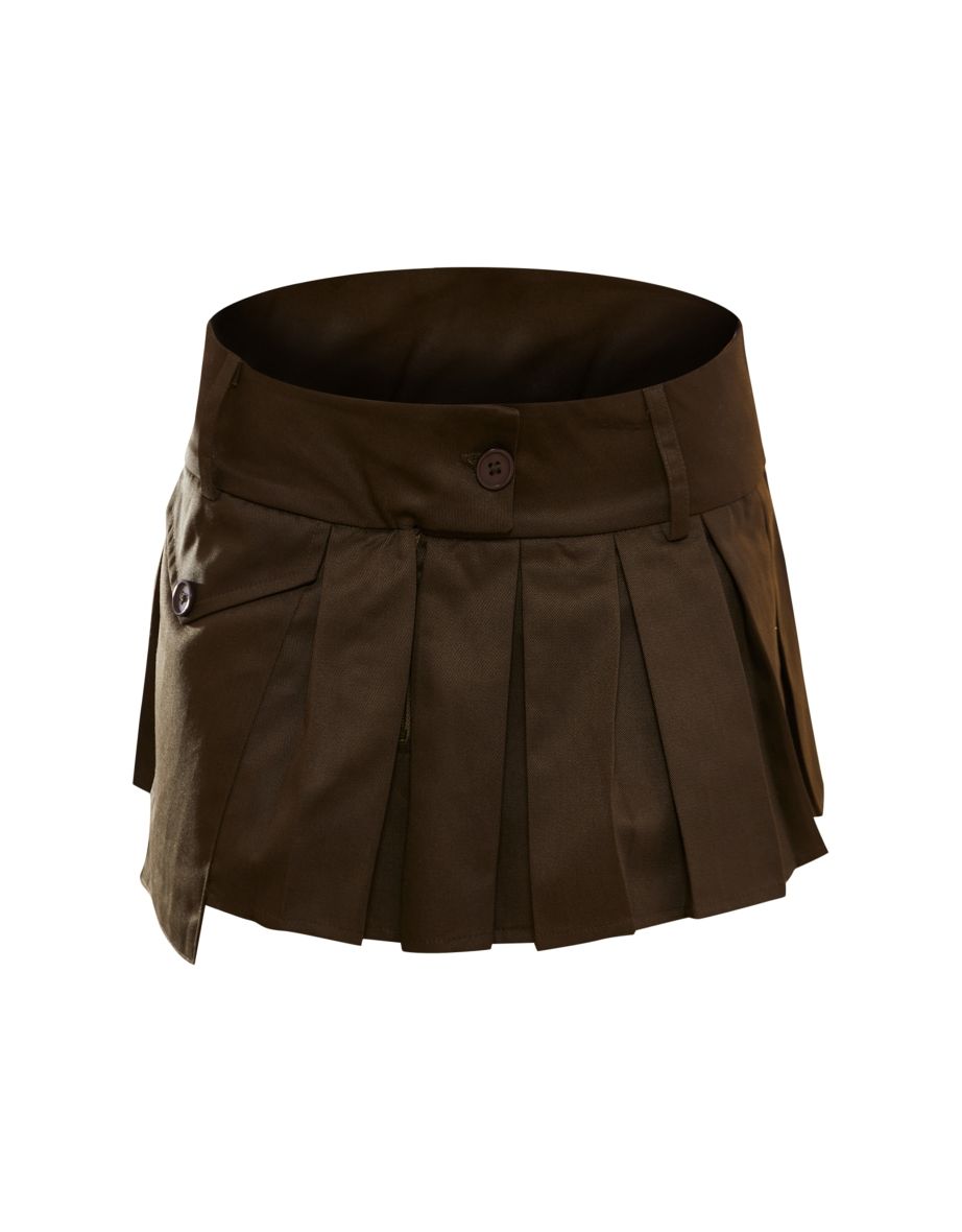 Khaki Pocket Front Pleated Cargo Extreme Micro Mini Skirt - 5
