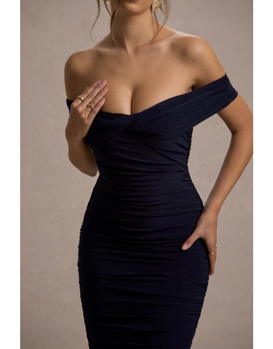 Gratitude | Navy Off The Shoulder Ruched Midi Dress - 5