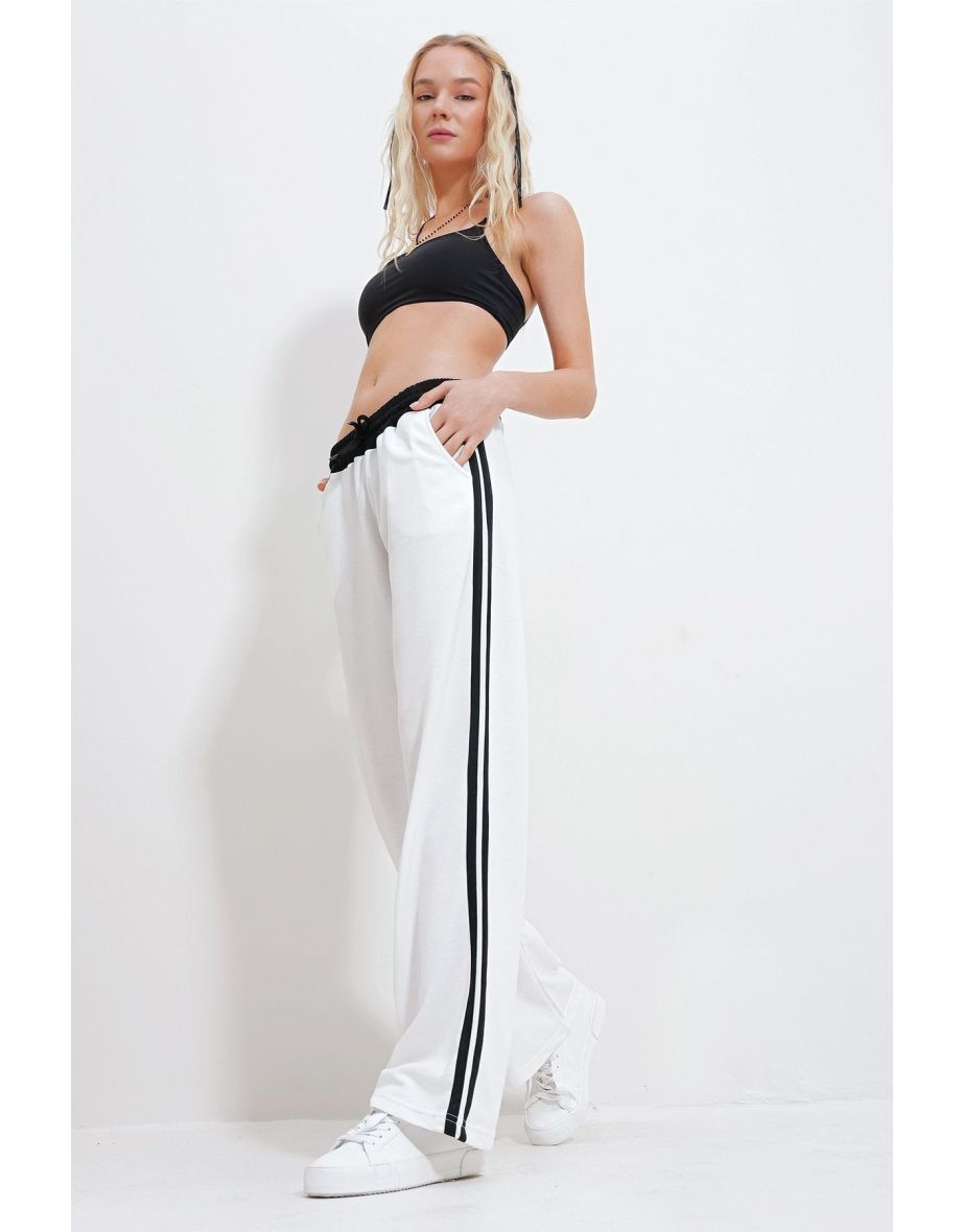 Women's White Elastic Waist Double Striped Jogger