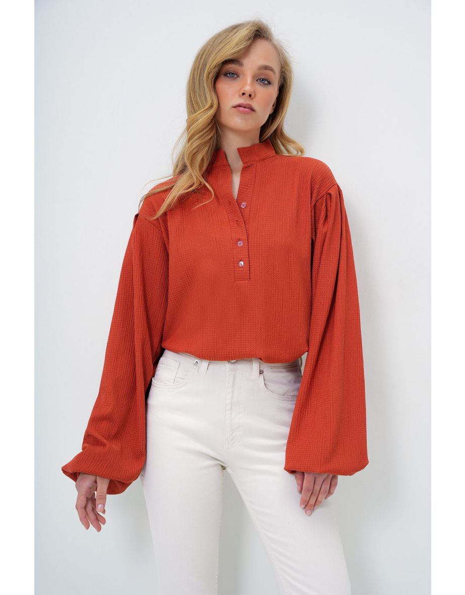Women's Tile Judge Collar Front Buttoned Balloon Sleeve Textured Shirt Blouse