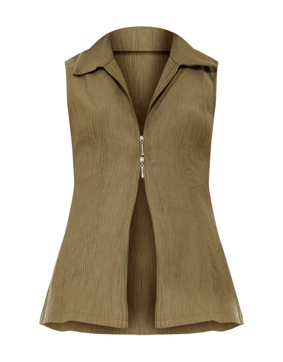 Khaki Textured Sheer Woven Zip Up Sleeveless Shirt - 4