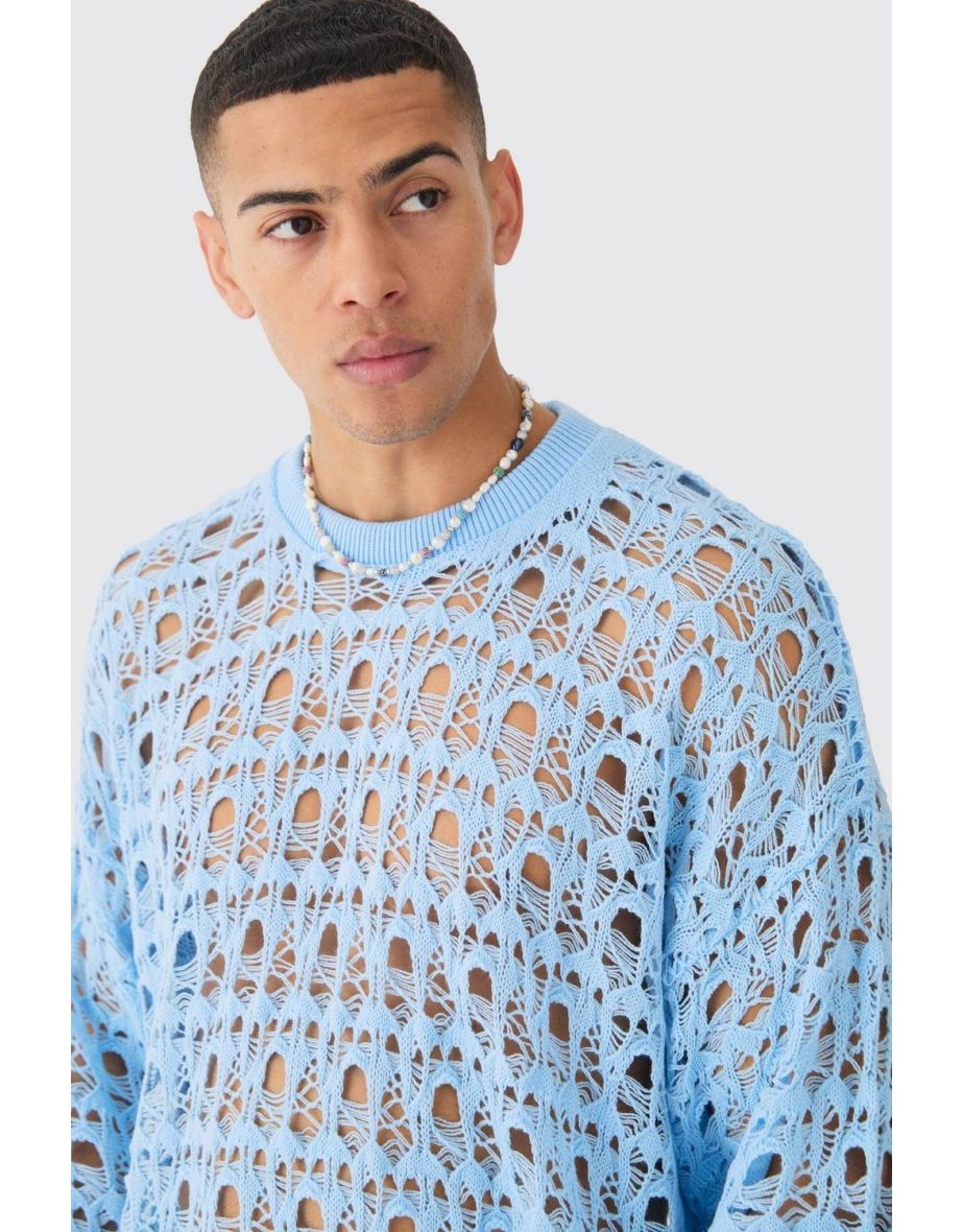 Oversized Boxy Drop Shoulder Open Knit Jumper In Blue - blue - 2